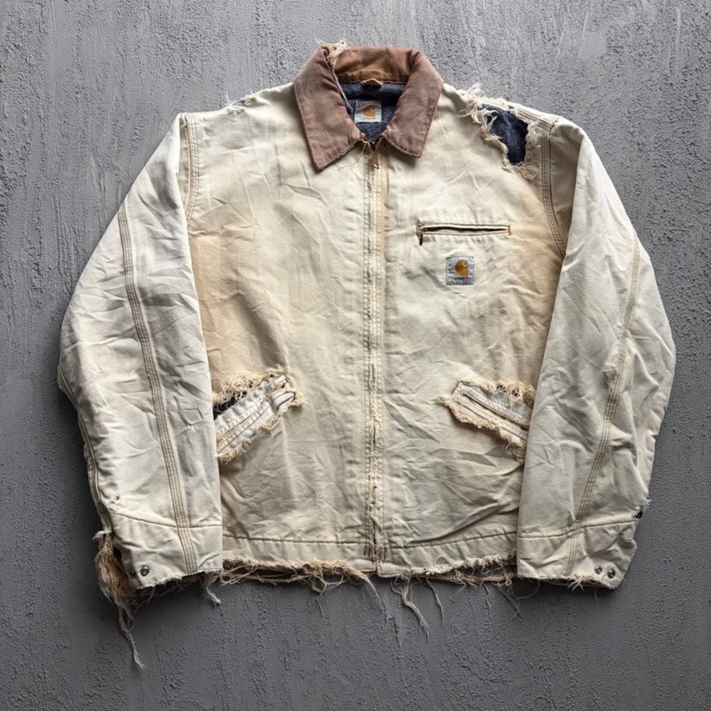 Vintage Carhartt Detroit Jacket Large Beige 1990s Distressed Workwear